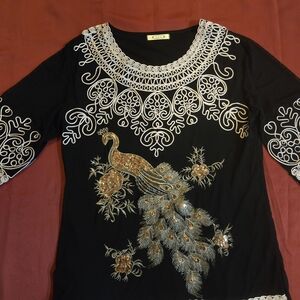 Elegant Black Blouse with Peacock Embroidery